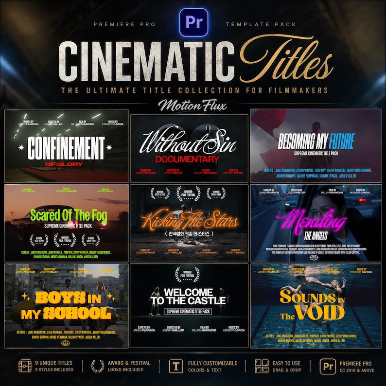 May include: A promotional graphic for a Premiere Pro template pack featuring cinematic titles. The design includes various title examples like "Confinement" and "Without Sin," with a dark background and the "Pr" logo.