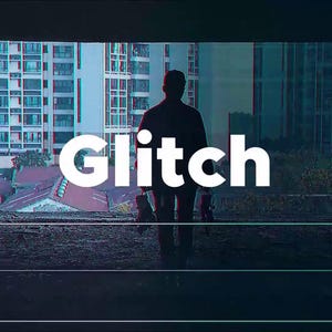 May include: A person's silhouette stands before a cityscape, with the word "Glitch" in white block letters. The image has a digital, distorted effect, with a colour scheme of blue, teal, and white.