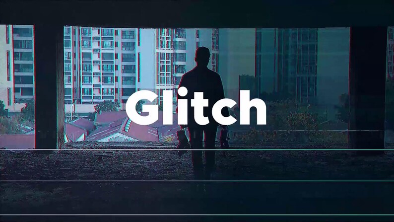 May include: A person's silhouette stands before a cityscape, with the word "Glitch" in white block letters. The image has a digital, distorted effect, with a colour scheme of blue, teal, and white.