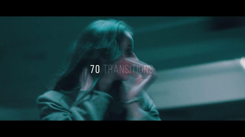 May include: A teal-toned image with a blurred figure and the text "70 TRANSITIONS" in white. The overall aesthetic is dark and cinematic, suggesting a video editing or visual effects theme.