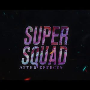 May include: A dark background with the words "SUPER SQUAD" in large, stylized, multi-colored letters. Below, the text "AFTER EFFECTS" is displayed. A small "Pr" logo is in the upper right corner.