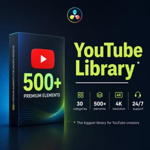 May include: A product box with the YouTube logo and the text "500+ Premium Elements." The words "YouTube Library" are in large, bright green letters. Additional text includes "30 categories," "500+ elements," and "4K resolution."