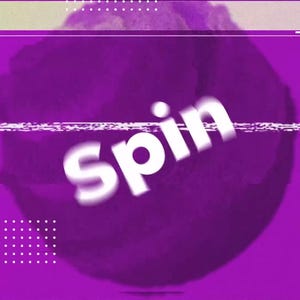 May include: Digital artwork featuring a purple backdrop and a blurred, spherical form. The word "spin" is displayed in white, with a soft blur. A horizontal white line and small white dots enhance the design.