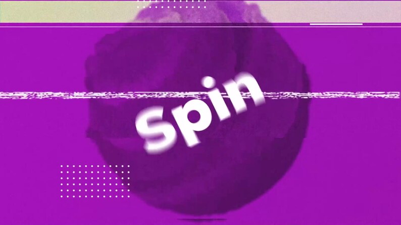 May include: Digital artwork featuring a purple backdrop and a blurred, spherical form. The word "spin" is displayed in white, with a soft blur. A horizontal white line and small white dots enhance the design.
