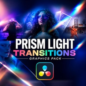 Könnte beinhalten: Ein digitales Grafikpaket mit dem Titel PRISM LIGHT TRANSITIONS und einem zentralen Logo mit drei farbigen Blütenblättern. Das Bild zeigt mehrere fotografische Szenen, die mit lebendigen, diagonalen Regenbogenlichteffekten überlagert sind.