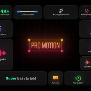 May include: A dark background with neon-style icons and text. The central text reads "PRO MOTION" in a glowing, outlined font. Surrounding icons highlight features like "4K+ Resolution," "Free Extension," and "40+ New Categories."