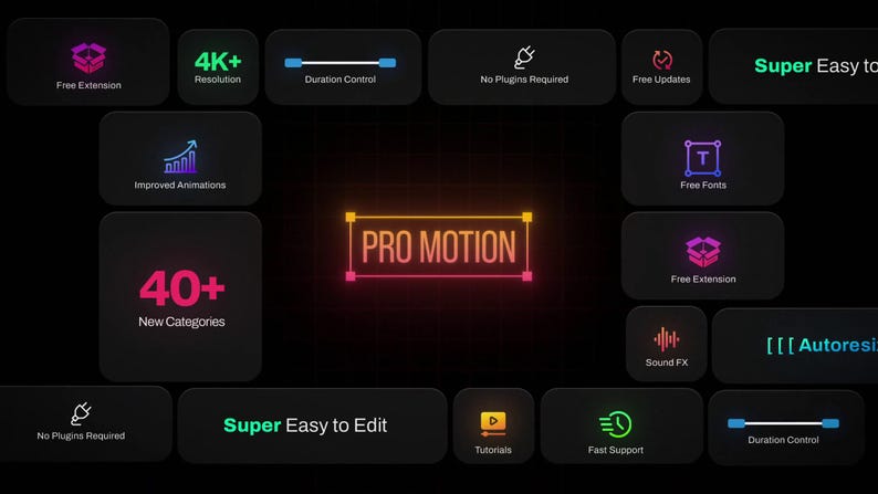 May include: A dark background with neon-style icons and text. The central text reads "PRO MOTION" in a glowing, outlined font. Surrounding icons highlight features like "4K+ Resolution," "Free Extension," and "40+ New Categories."