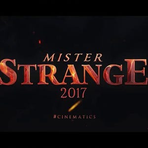 May include: A dark background with the words "MISTER STRANGE 2017" in fiery orange letters. Below, the hashtag #CINEMATICS is visible. A purple and green logo is in the upper right corner.