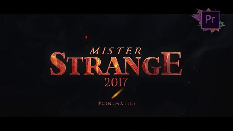 May include: A dark background with the words "MISTER STRANGE 2017" in fiery orange letters. Below, the hashtag #CINEMATICS is visible. A purple and green logo is in the upper right corner.