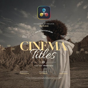 May include: A movie poster with the title "CINEMA titles" in gold lettering. The poster features a person in a white hoodie, facing away from the camera, with a mountainous landscape in the background. The DaVinci Resolve logo is at the top.