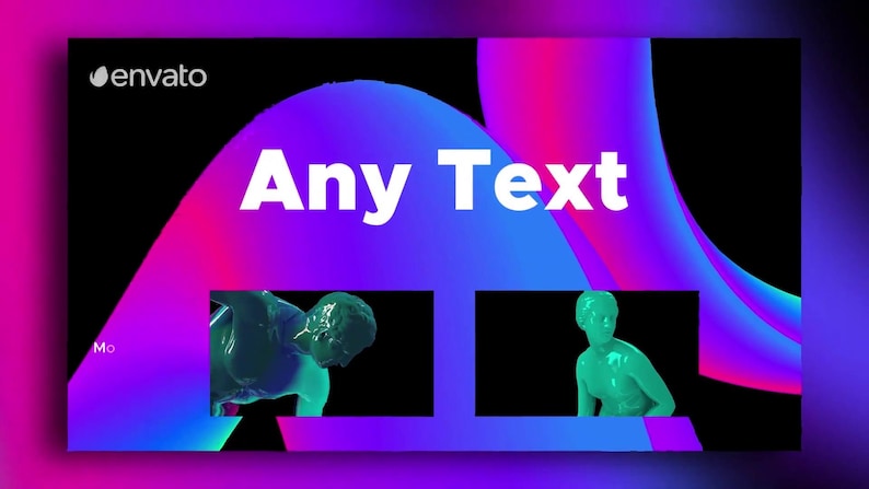 May include: A digital art graphic with the Envato logo. The image features the text "Any Text" in white, with two figures in green and blue. The background has a gradient of pink, purple, and blue.