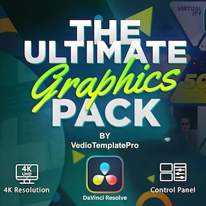 Puede incluir: Gr&aacute;fico promocional para "THE ULTIMATE Graphics PACK" de VedioTemplatePro. El dise&ntilde;o presenta texto blanco en negrita con un acento verde ne&oacute;n y amarillo. Se incluyen iconos para resoluci&oacute;n 4K, DaVinci Resolve y un panel de control. El fondo es un degradado de azules y verdes.