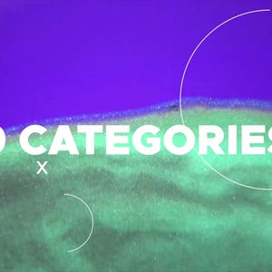 May include: Abstract graphic with the text "9 CATEGORIES" in white, set against a gradient background of purple and green. White geometric shapes, including circles and crosses, are scattered around the text.