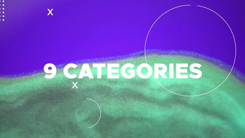 May include: Abstract graphic with the text "9 CATEGORIES" in white, set against a gradient background of purple and green. White geometric shapes, including circles and crosses, are scattered around the text.