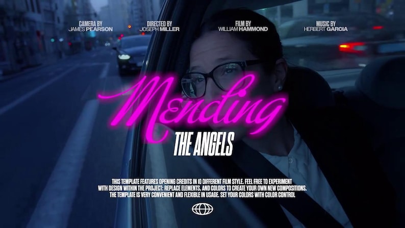 May include: A scene from a film with the title "Mending The Angels" in bright pink neon lettering. The image includes text indicating the camera, director, film, and music credits. A person wearing glasses is visible in the car.