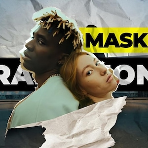 May include: An advertising image with the text "MASKED TRANSITIONS" in white on black and yellow. The image features a man and a woman, set against a backdrop of creased paper, creating a textured effect.