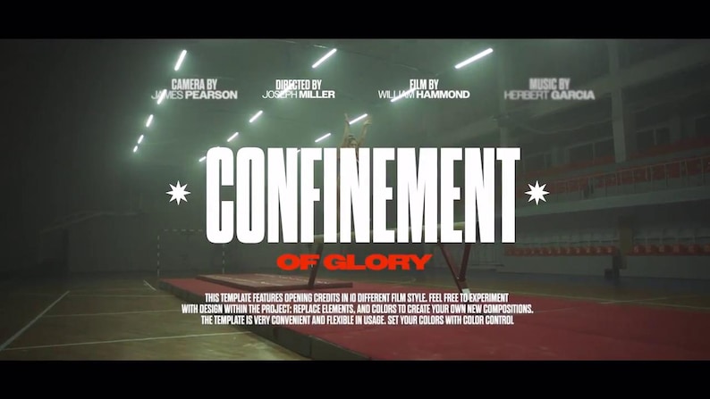 May include: A dimly lit gymnasium with the text "CONFINEMENT OF GLORY" in large white letters. The image includes text indicating the film's credits, with a gymnastics apparatus in the foreground.