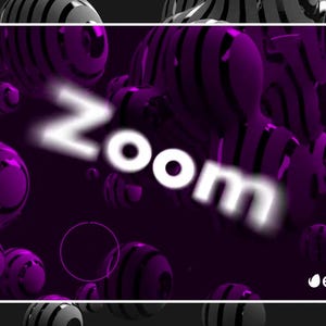 May include: Digital artwork with a dark purple backdrop and numerous floating spheres. The spheres are striped in black and white and have a shiny surface. The word "Zoom" is written in white, glowing letters.
