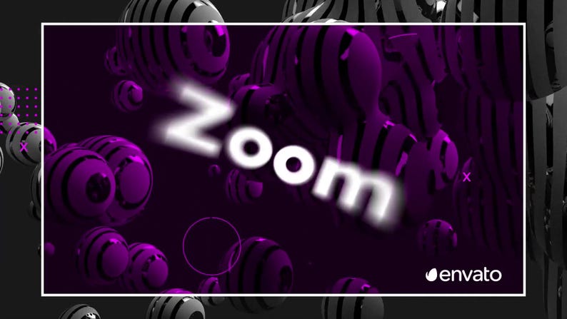 May include: Digital artwork with a dark purple backdrop and numerous floating spheres. The spheres are striped in black and white and have a shiny surface. The word "Zoom" is written in white, glowing letters.