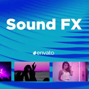 May include: A blue graphic with the text "Sound FX" in white. The Envato logo is below the text. Four smaller images are at the bottom, and social media icons are on the right side of the image.