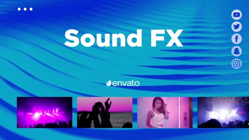 May include: A blue graphic with the text "Sound FX" in white. The Envato logo is below the text. Four smaller images are at the bottom, and social media icons are on the right side of the image.