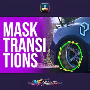 Może przedstawiać: Grafika z białym napisem "MASK TRANSITIONS" na fioletowym tle. Koło samochodu jest podświetlone zielonym okręgiem i żółtymi liniami. Obraz zawiera logo w prawym górnym rogu.