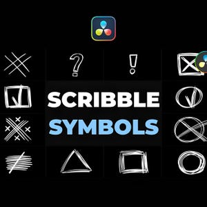 May include: A black background with white scribble symbols, including a question mark, exclamation point, check mark, and a triangle. The text "SCRIBBLE SYMBOLS" is displayed in white and light blue. A colorful logo is in the top center.