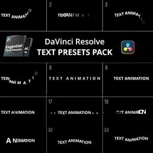 Puede incluir: Un gráfico negro que muestra ajustes preestablecidos de animación de texto para DaVinci Resolve. La imagen muestra varios efectos de texto, incluido texto curvo y animado, con las palabras "TEXT ANIMATION" y "DaVinci Resolve TEXT PRESETS PACK".