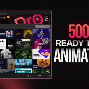 May include: A digital interface displays a "Pro Motions Graphics Pack" with various animation previews. The text "5000+ READY TO USE ANIMATIONS" is prominently displayed in white against a dark background with pink accents.