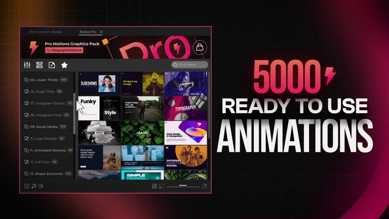 May include: A digital interface displays a "Pro Motions Graphics Pack" with various animation previews. The text "5000+ READY TO USE ANIMATIONS" is prominently displayed in white against a dark background with pink accents.
