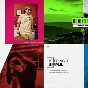 May include: A collage of eight design templates with text and images. The templates feature phrases like "Premium Slideshows", "Beautiful Typography", and "Keeping it Simple". The color palette includes red, green, and blue.