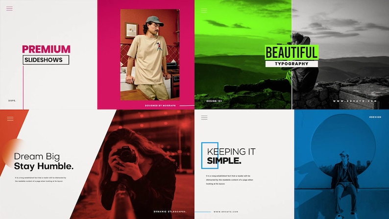 May include: A collage of eight design templates with text and images. The templates feature phrases like "Premium Slideshows", "Beautiful Typography", and "Keeping it Simple". The color palette includes red, green, and blue.