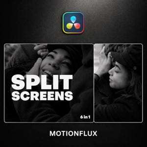 Puede incluir: Imagen promocional con el texto "SPLIT SCREENS" en letras blancas grandes. Debajo del texto está "6 in 1" y "MOTIONFLUX". La imagen presenta un logotipo colorido y dos fotos en blanco y negro de personas.