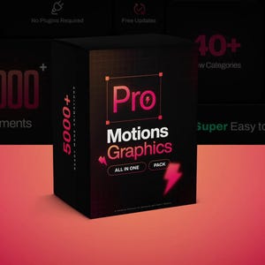 May include: A black box with the words "Pro Motions Graphics" in pink and white, with a lightning bolt graphic. The box also has the text "ALL IN ONE PACK" and "5000+ Elements". The background is a gradient of red and black.