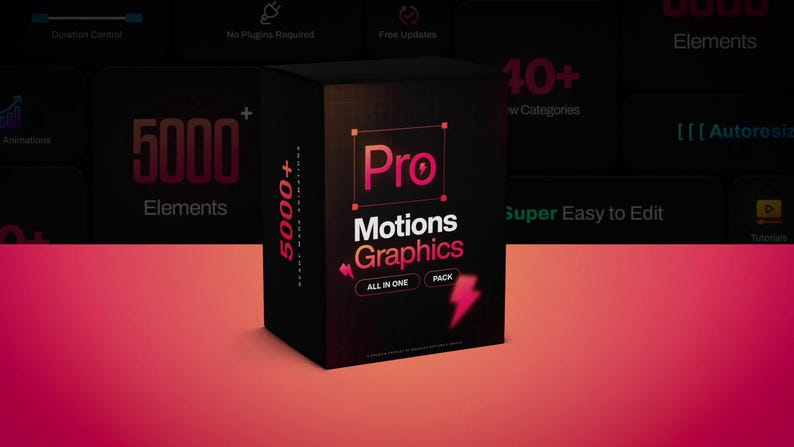 May include: A black box with the words "Pro Motions Graphics" in pink and white, with a lightning bolt graphic. The box also has the text "ALL IN ONE PACK" and "5000+ Elements". The background is a gradient of red and black.