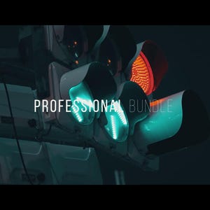 May include: A close-up of a traffic light with the text "PROFESSIONAL BUNDLE". The traffic light has a red light illuminated, and two green lights illuminated. The background is dark.
