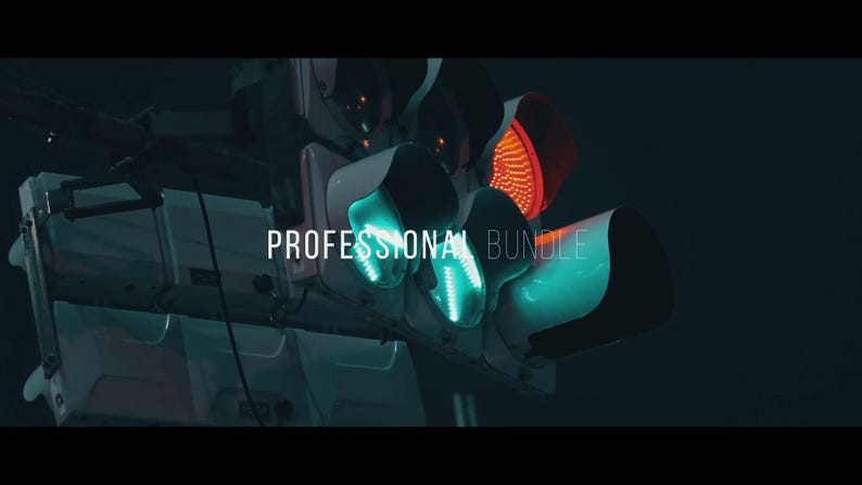 May include: A close-up of a traffic light with the text "PROFESSIONAL BUNDLE". The traffic light has a red light illuminated, and two green lights illuminated. The background is dark.