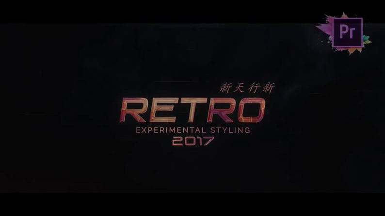 May include: Dark background with the word "RETRO" in a gradient orange and red font. Below it, the text "EXPERIMENTAL STYLING" and the year "2017" are displayed. The Adobe Premiere Pro logo is in the upper right corner.