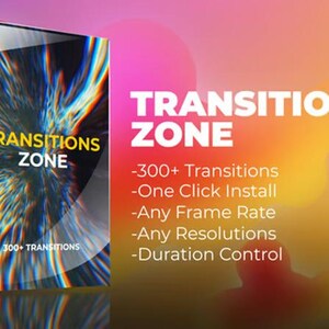 Puede incluir: Una caja de producto con el texto "TRANSITIONS ZONE" y "300+ TRANSITIONS" sobre un fondo colorido. La caja promete m&aacute;s de 300 transiciones, instalaci&oacute;n con un clic, cualquier velocidad de fotogramas, cualquier resoluci&oacute;n y control de duraci&oacute;n.