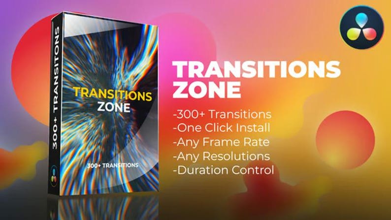 Puede incluir: Una caja de producto con el texto "TRANSITIONS ZONE" y "300+ TRANSITIONS" sobre un fondo colorido. La caja promete m&aacute;s de 300 transiciones, instalaci&oacute;n con un clic, cualquier velocidad de fotogramas, cualquier resoluci&oacute;n y control de duraci&oacute;n.