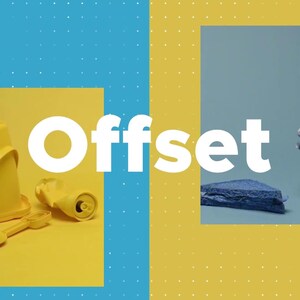 May include: A yellow plastic sand bucket, shovel, and toy are arranged on a yellow surface. The word "Offset" is displayed in white text. The background is divided into blue and yellow sections.