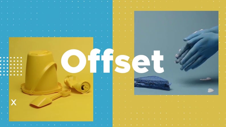 May include: A yellow plastic sand bucket, shovel, and toy are arranged on a yellow surface. The word "Offset" is displayed in white text. The background is divided into blue and yellow sections.