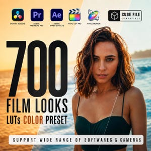 Puede incluir: Imagen promocional de 700 looks de película, LUT y ajustes preestablecidos de color. La imagen presenta a una mujer con un top verde oscuro, con texto que indica compatibilidad con software como DaVinci Resolve, Adobe Premiere Pro y Final Cut Pro. El texto también indica compatibilidad con una amplia gama de software y cámaras.