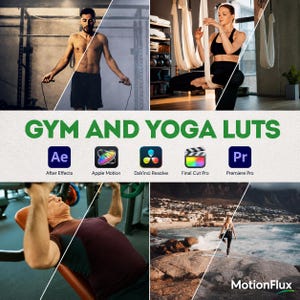 May include: A digital product display titled GYM AND YOGA LUTS featuring four scenes: a person jumping rope, a person doing aerial yoga, a person lifting weights, and a person practicing yoga on a beach, with software icons for video editing.