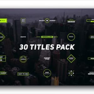 Puede incluir: Imagen oscura con el texto "30 TITLES PACK" en blanco. La imagen presenta varios elementos de dise&ntilde;o gr&aacute;fico en verde y blanco, incluyendo formas geom&eacute;tricas y cuadros de texto, sobre un fondo borroso de paisaje urbano.