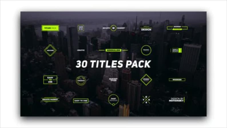 Puede incluir: Imagen oscura con el texto "30 TITLES PACK" en blanco. La imagen presenta varios elementos de dise&ntilde;o gr&aacute;fico en verde y blanco, incluyendo formas geom&eacute;tricas y cuadros de texto, sobre un fondo borroso de paisaje urbano.