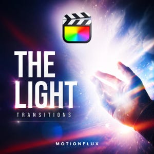 May include: Image promoting "The Light Transitions" with a hand reaching towards a bright light. The text includes "THE LIGHT" in large white letters, "TRANSITIONS" below, and "MOTIONFLUX" at the bottom. A colorful clapperboard icon is at the top.