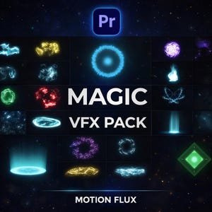 May include: A digital graphic featuring a collection of glowing visual effects. The word "MAGIC" is prominently displayed, along with "VFX PACK" and "MOTION FLUX". The effects include orbs, energy beams, and swirling patterns in various colors, set against a dark, starry background.