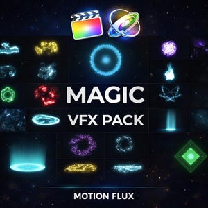 Op de afbeelding: Een digitale afbeelding met de witte tekst "MAGIC VFX PACK", met verschillende kleurrijke visuele effecten. De afbeelding bevat logo's en de tekst "MOTION FLUX" onderaan, alles tegen een donkere, sterrenhemel achtergrond.