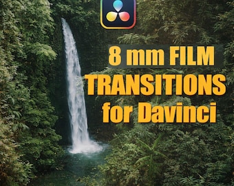 May include: Image featuring a waterfall cascading into a pool, surrounded by lush green foliage. Text overlay reads "8 mm FILM TRANSITIONS for Davinci" with a logo in the upper right corner and "motionflux" at the bottom. The image has a natural, cinematic feel.